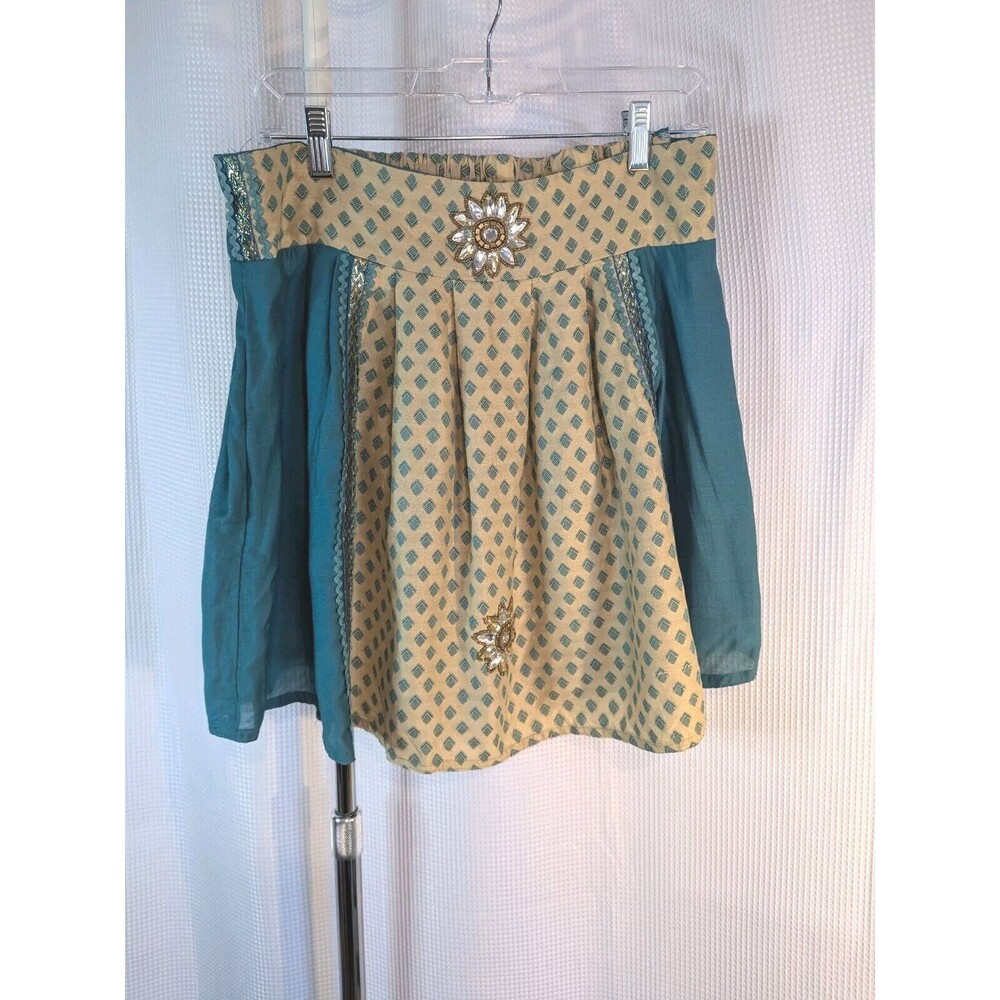 Women's Skater Skirt Ethnic Pattern Teal Handmade Upcycled Sz L (G13)